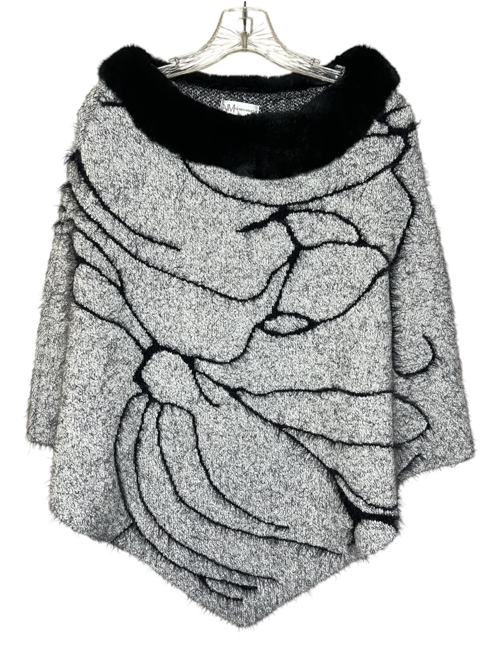 Neiman Marcus Knit Poncho Genuine Rabbit Fur Collar Black Gray Abstract OS